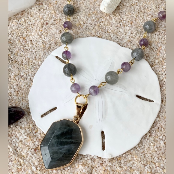Genuine Amethyst & Labradorite Beaded Necklace with Labradorite Pendant - Picture 2 of 5